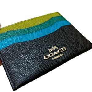Coach Teal & Green Colorblock Leather Flat Card Case